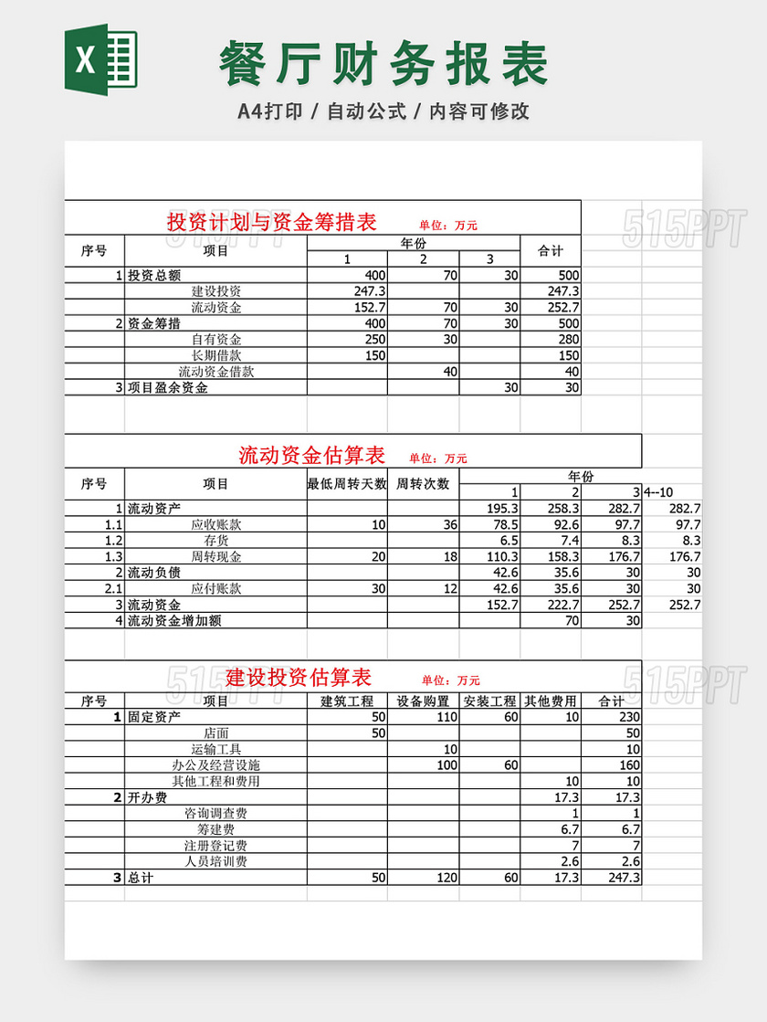 餐厅财务报表EXCEL模板