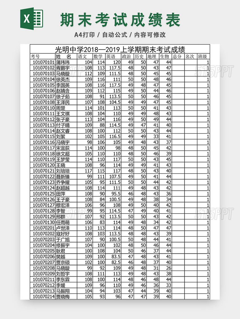 期末考试学生成绩表EXCEL模板