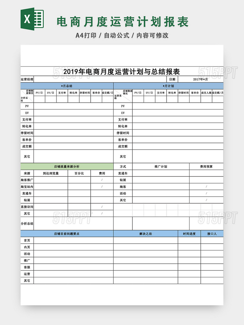 年电商月度运营计划与总结报表模板EXCEL模板