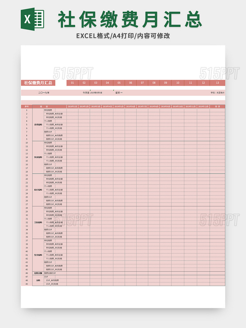 常用社保缴费月汇总excel模板