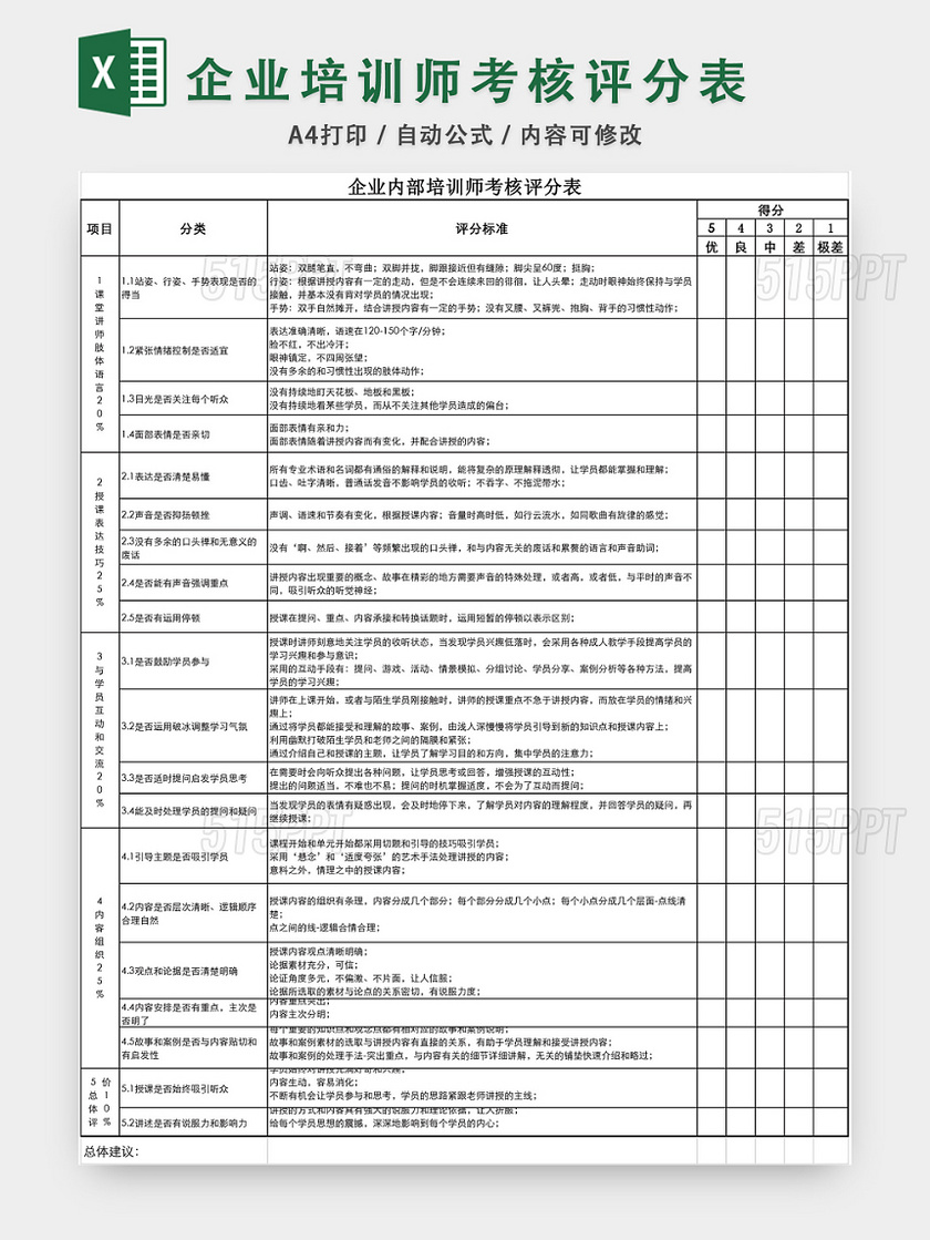 企业培训师考核评分表EXCEL模板