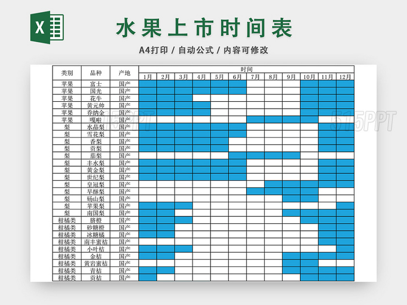 水果上市时间表EXCEL模板