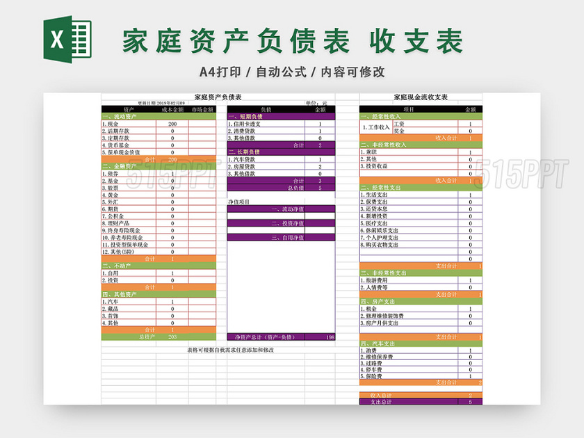 家庭资产负债表现金流收支表收支预算表EXCEL模板