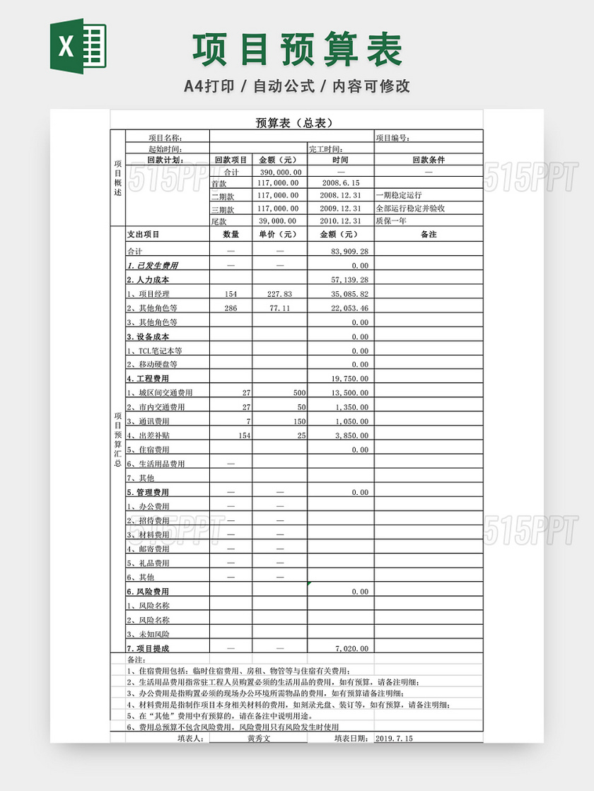 项目预算表EXCEL模板