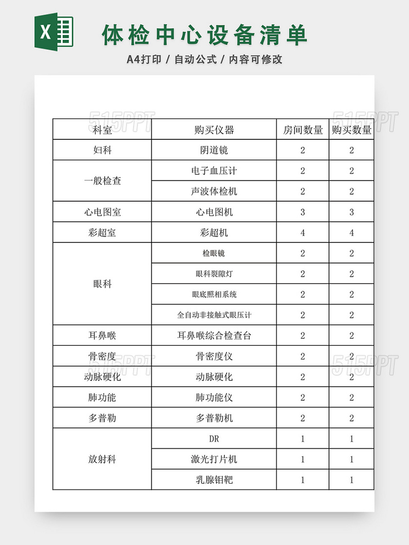 体检中心设备清单EXCEL模板