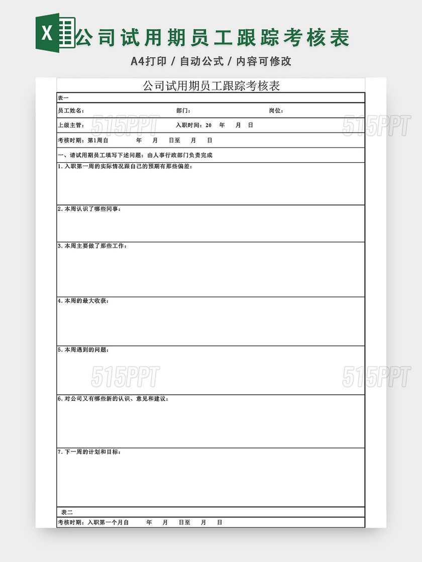 公司试用期员工跟踪考核表EXCEL模板