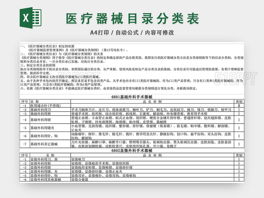 医疗器械目录分类EXCEL模板