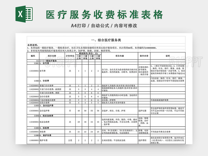 医疗服务收费标准EXCEL模板