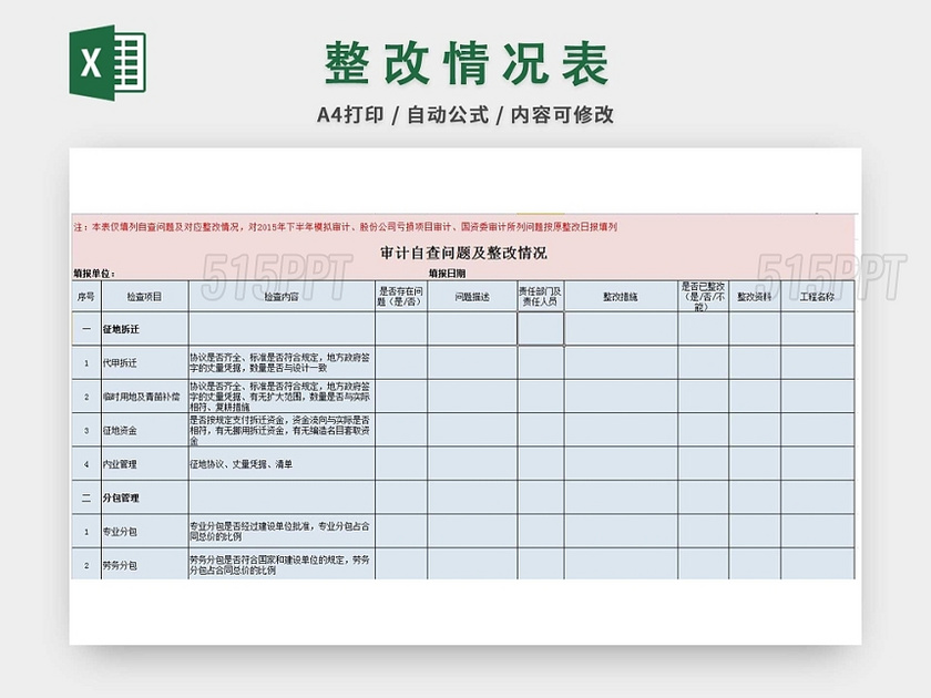 审计自查问题及整改工作表