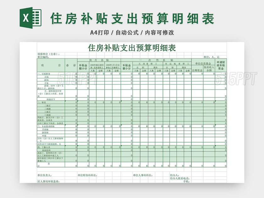 住房补贴支出预算明细表EXCEL模板