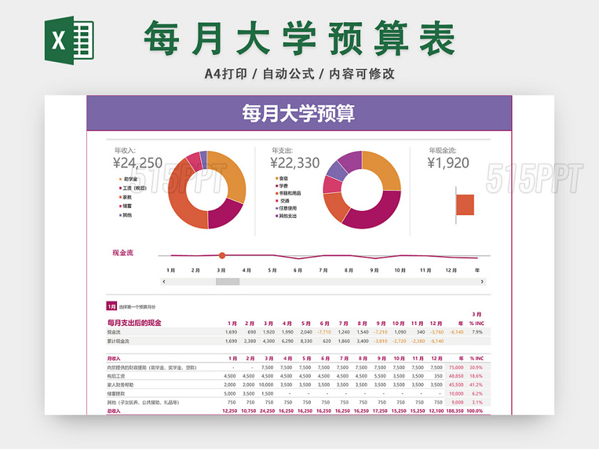 每月大学预算表EXCEL模板