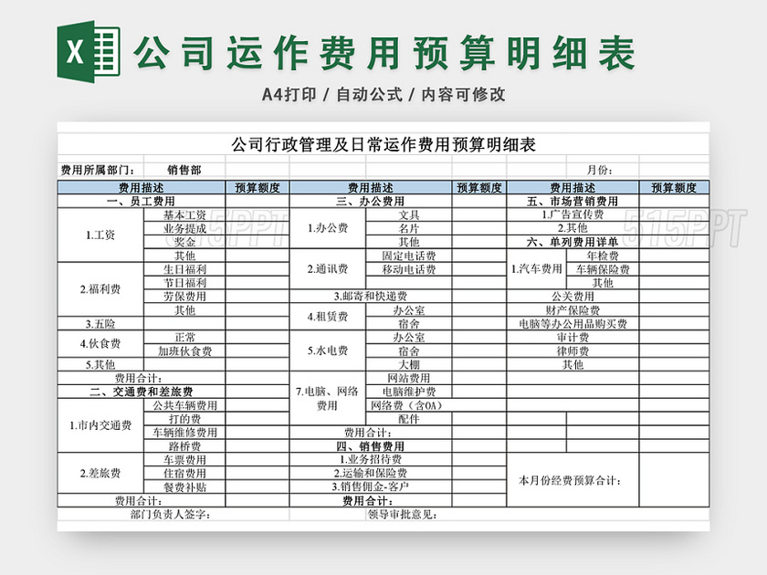 公司运作费用预算明细表EXCEL模板