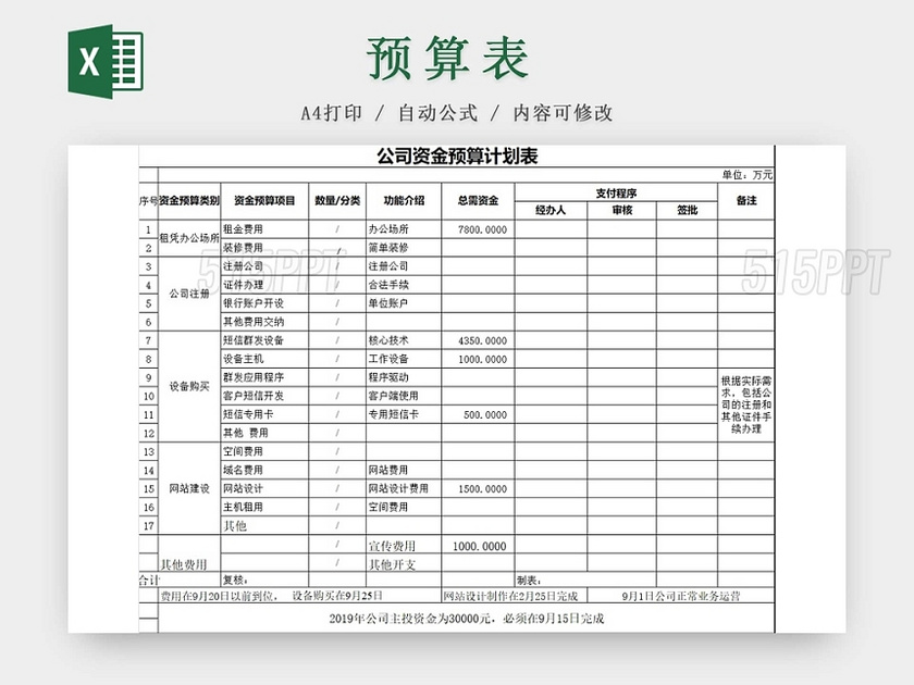 简约公司资金预算表资金计划表