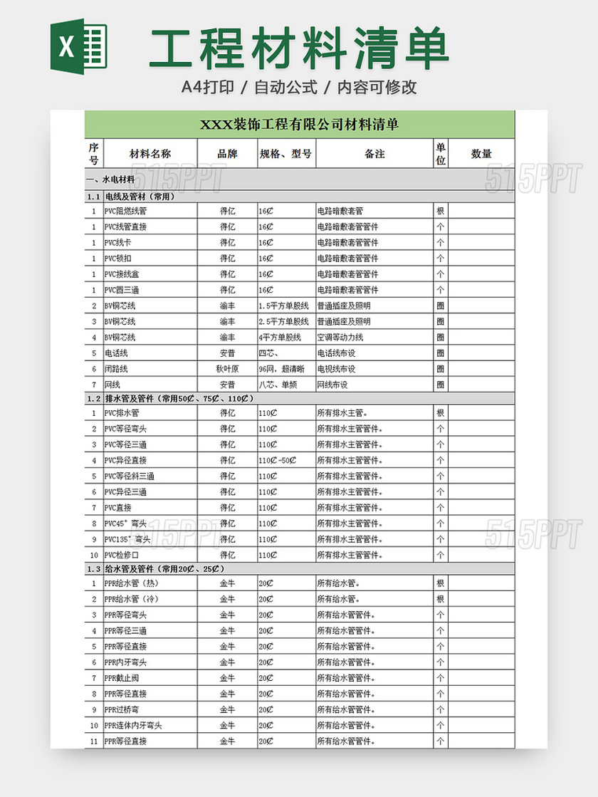 工程材料清单