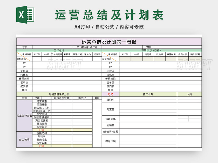 运营总结及计划表EXCEL模板