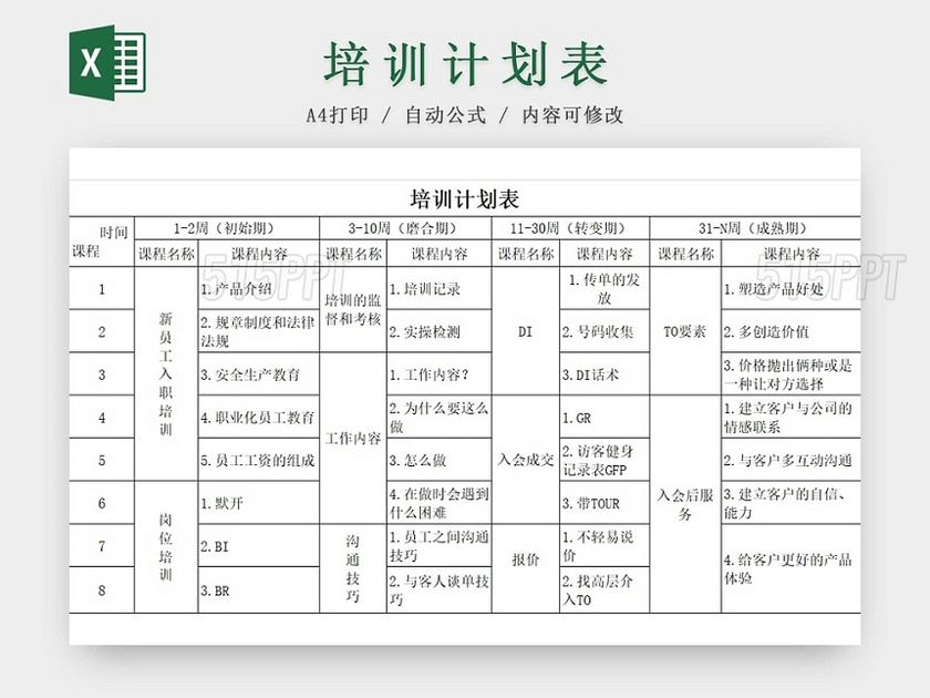 黑白简约员工培训计划表入职培训在职培训