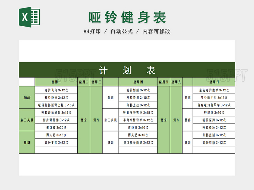 家用哑铃健身运动计划表EXCEL模板