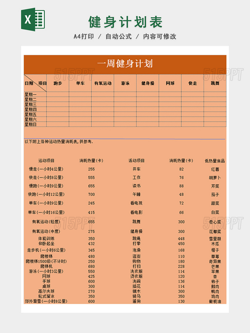 健身运动减肥计划表EXCEL模板