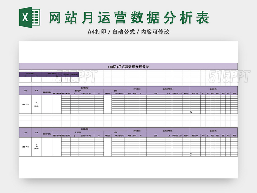 网站月运营数据分析表EXCEL模板