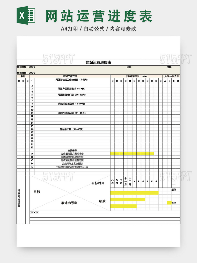 网站运营进度表计划表EXCEL模板