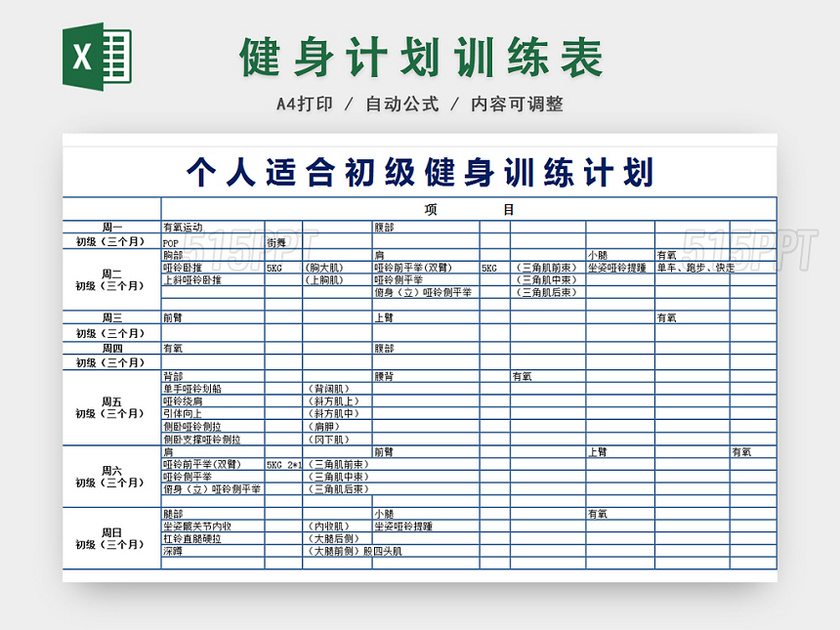 健身运动减肥计划表EXCEL模板