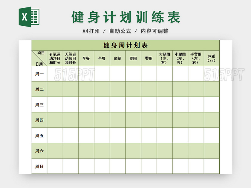 健身运动减肥计划表EXCEL模板