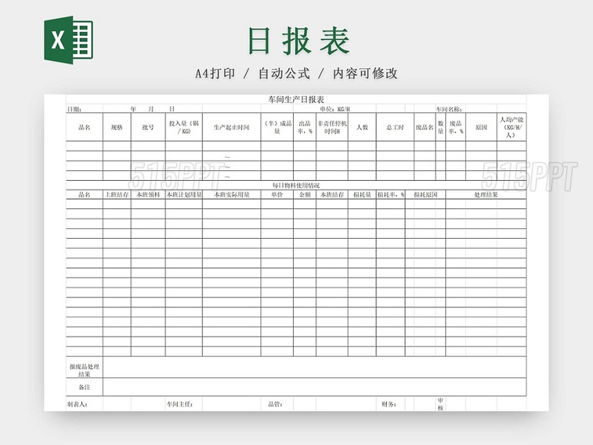 黑白简约工厂车间总产量日报表生产明细表