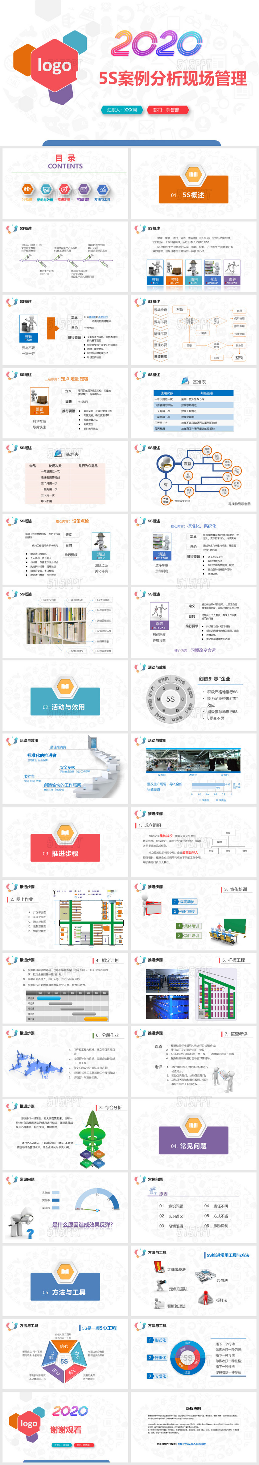 多彩蓝粉紫5S案例分析现场管理培训企业公司PPT模板