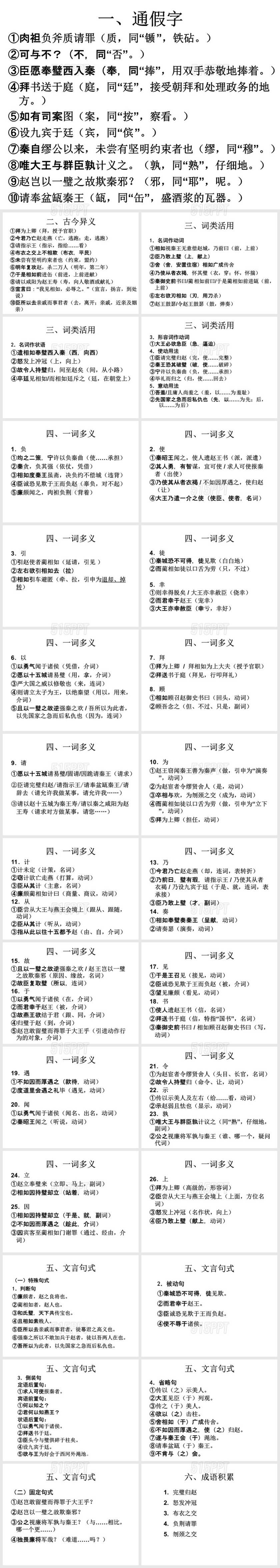 《廉颇蔺相如列传》知识点整理