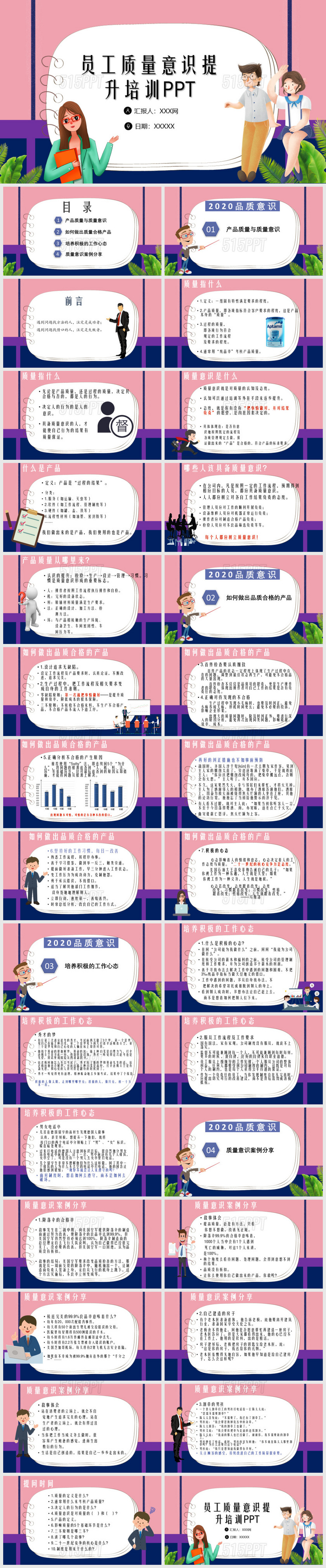 卡通2020品质意识员工质量意识提升培训PPT模板
