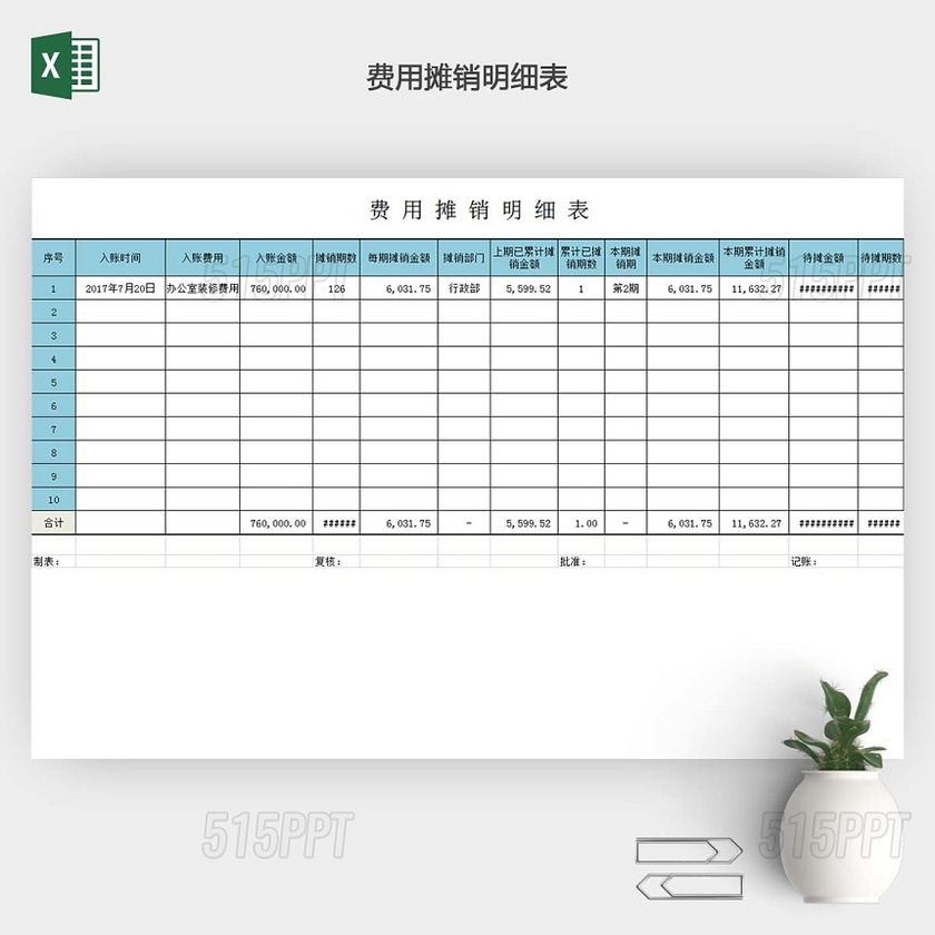 费用摊销表EXCEL模板