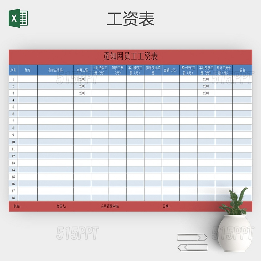 工厂工资表通用excel模板