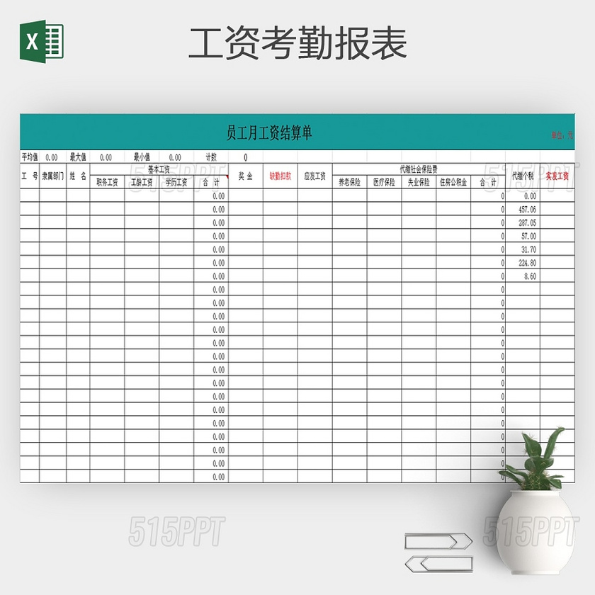 Excel表格公司员工月工资结算单工资表
