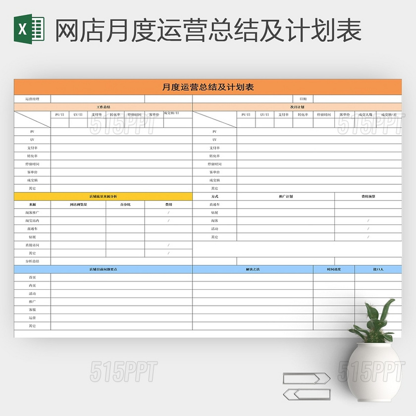 Excel表格网店表月度运营总结及计划表