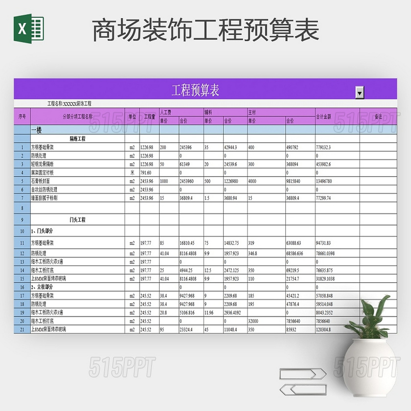 商场装饰工程预算表excel表格