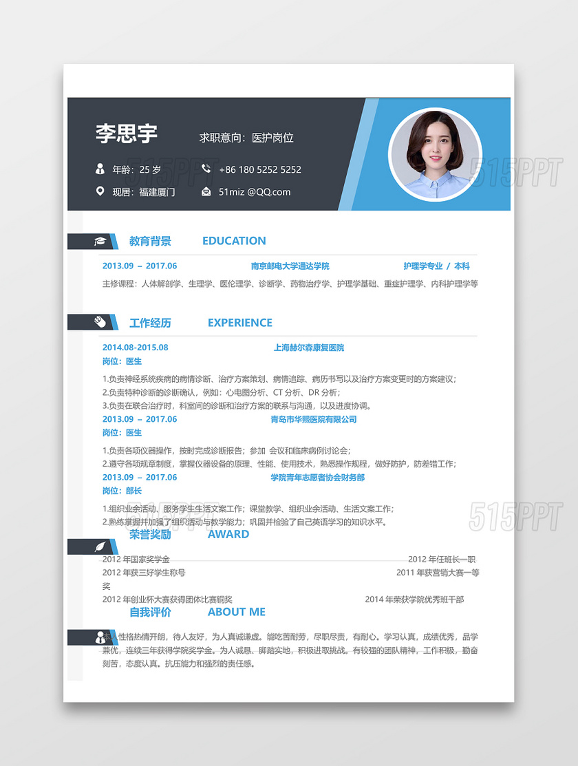 医护岗位个人简历Word 模板