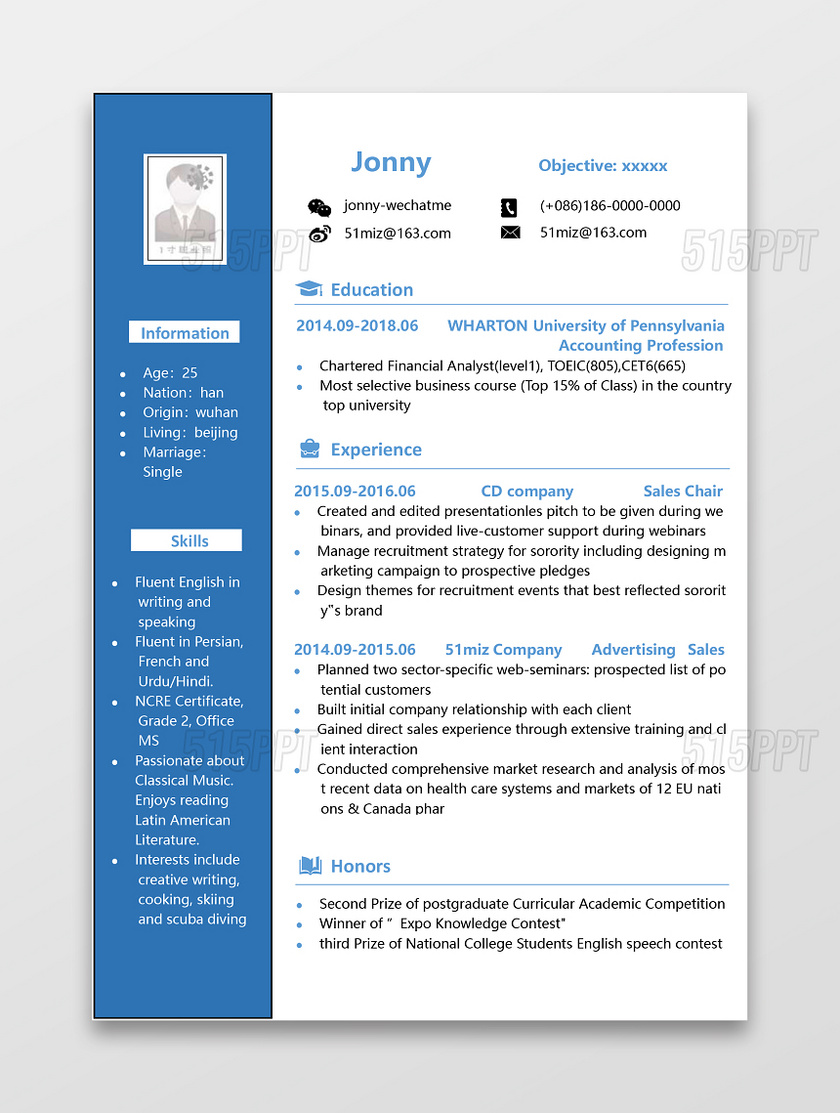 英文简历蓝白对比简约个
英文大方蓝白对比个人简历word模板