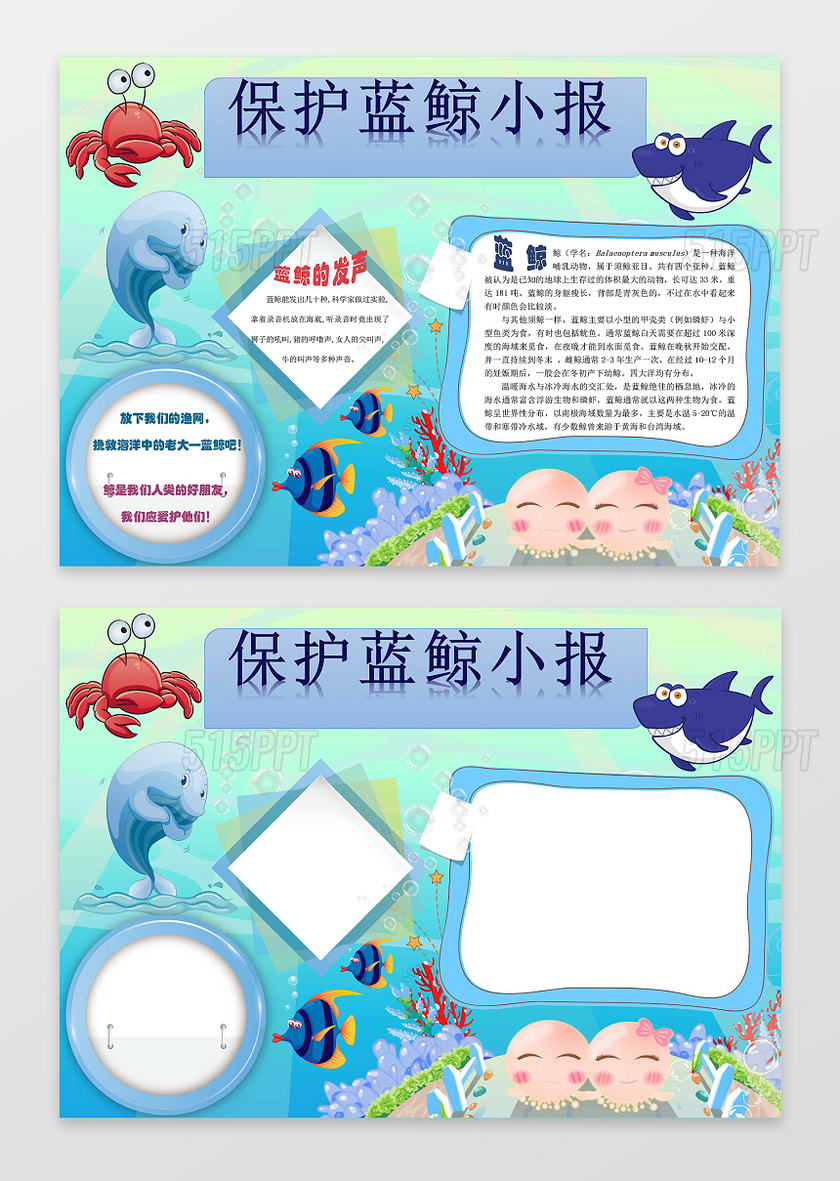 蓝色海洋海底动物卡通插画保护蓝鲸小报保护动物手抄报