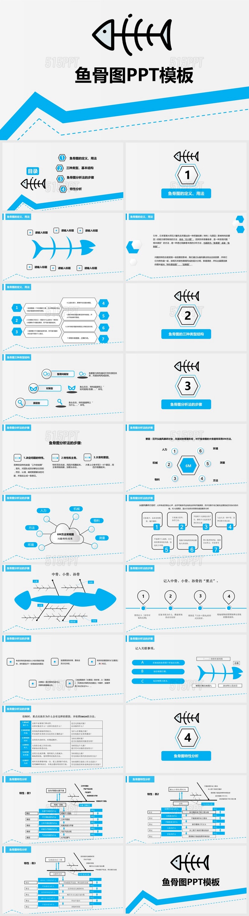 蓝色鱼骨图PPT图表模板