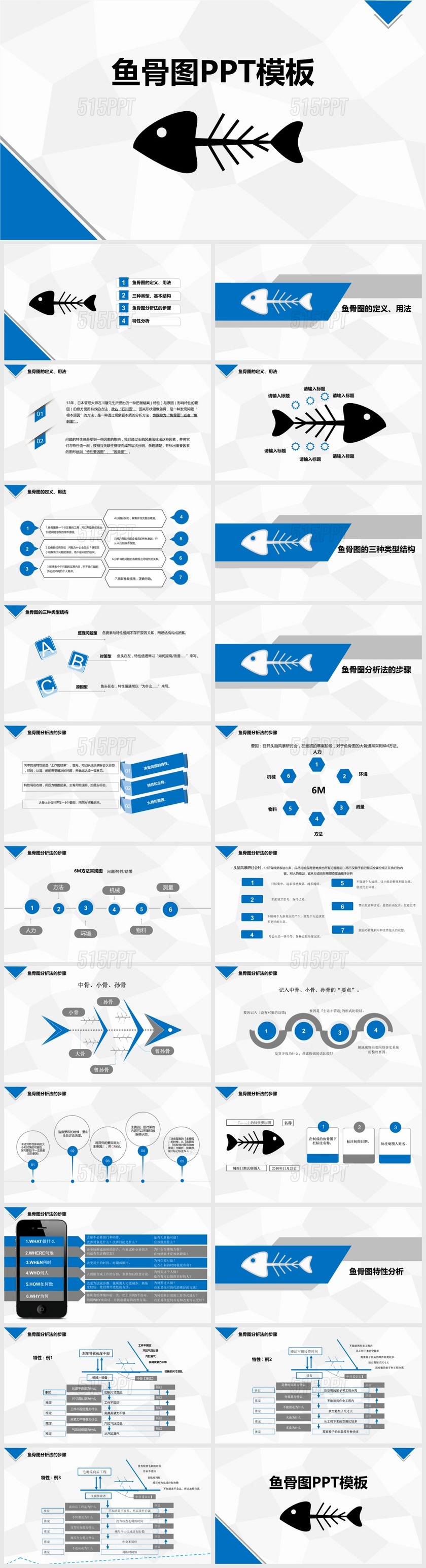 蓝黑色好看鱼骨图PPT图表模板