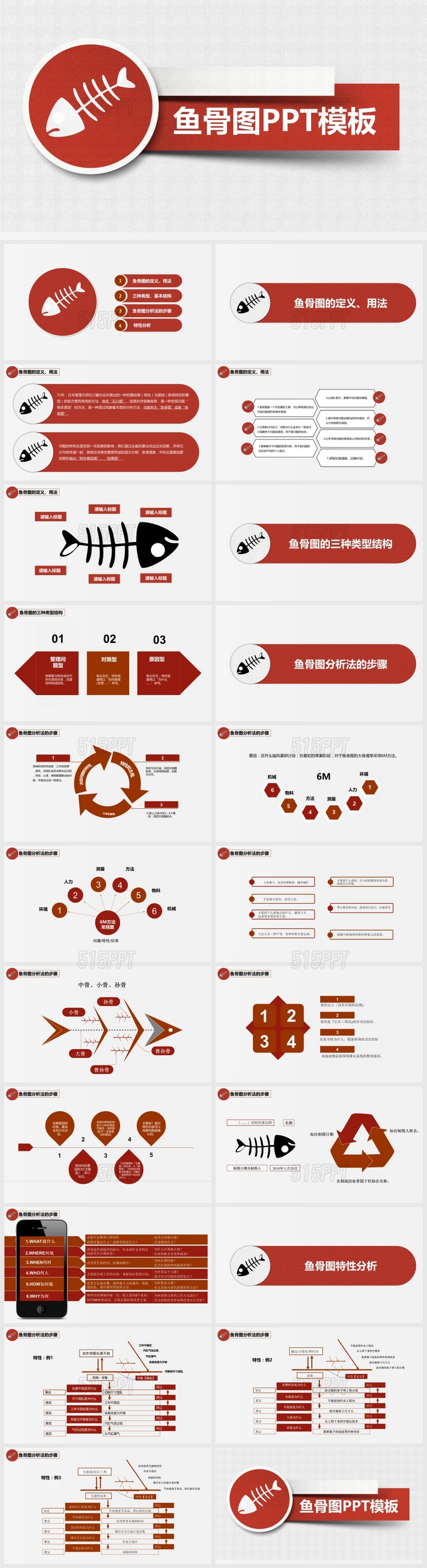 红色微粒鱼骨图PPT模板