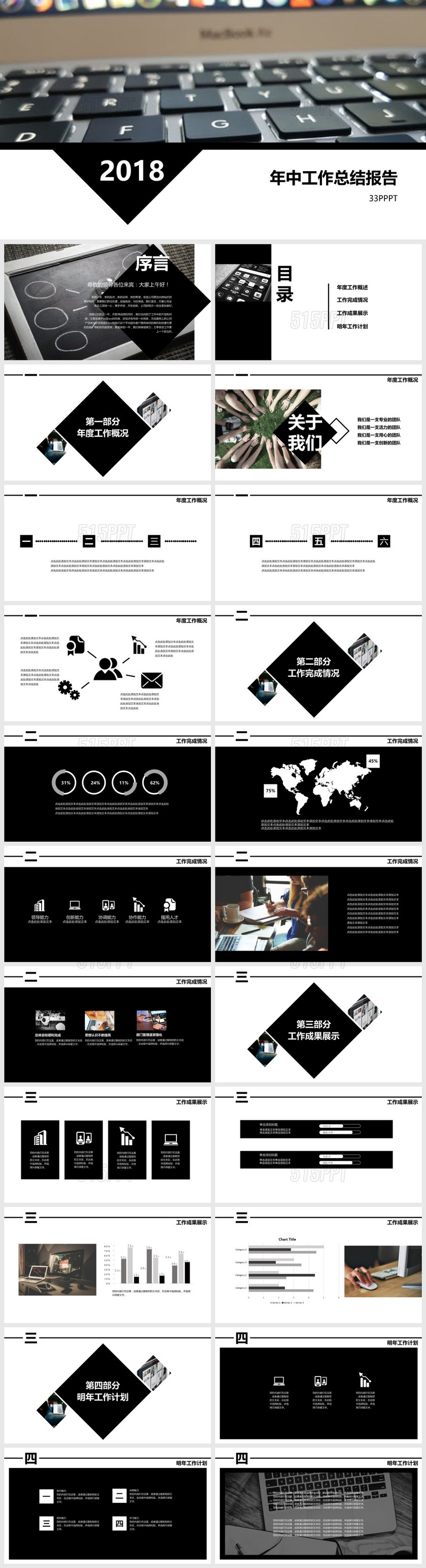 时尚黑白风年中总结报告PPT模板