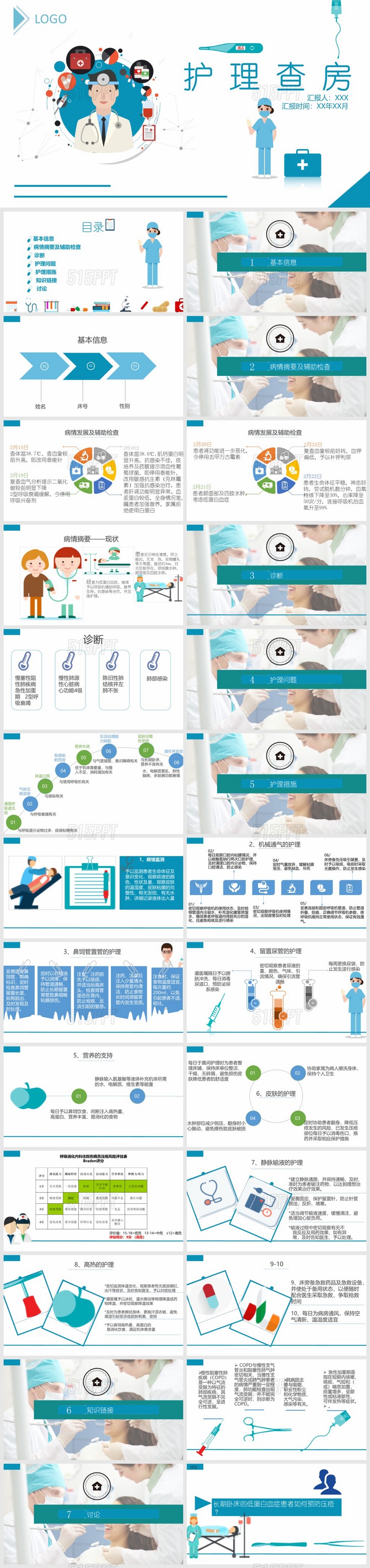 卡通蓝色时尚护理查房医床医学 临床护理 医疗介绍 医疗课件保健护理ppt模板