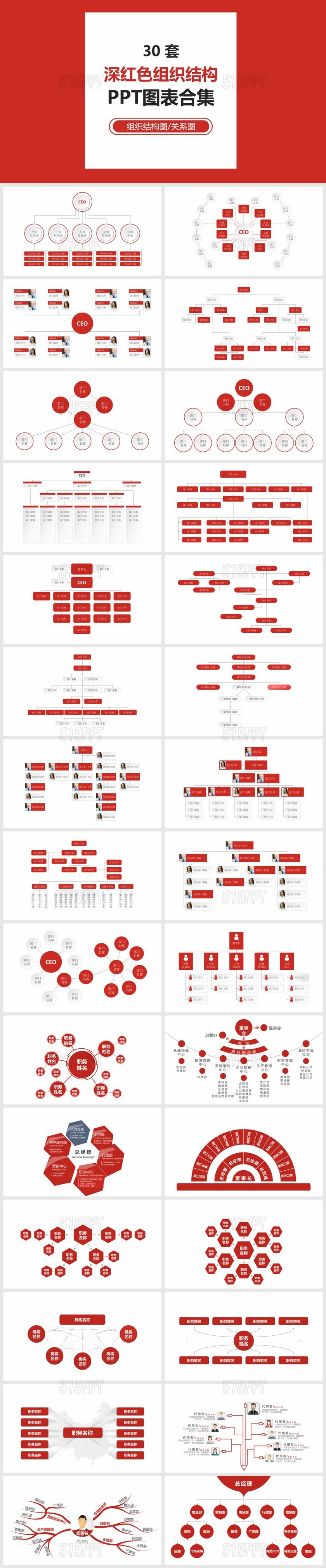 深红色组织架构PPT模板