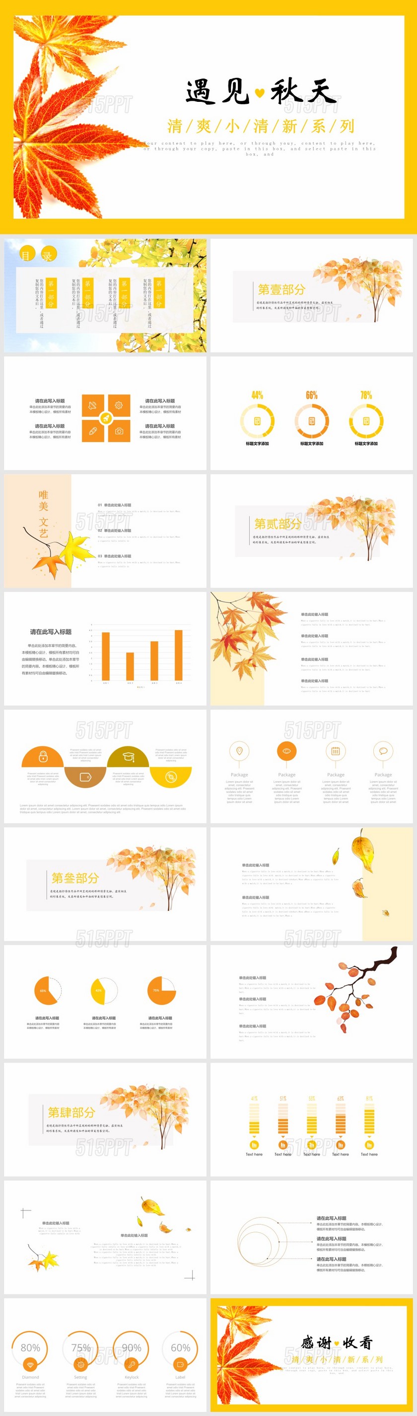 秋天黄色明亮活泼秋季枫叶活动策划PPT模板